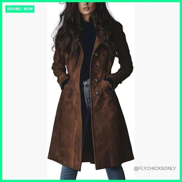 Jackets & Blazers - Faux Suede Trench Coat Women's Long Single Breasted Leather Overcoat